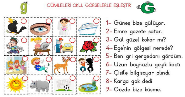 1.Sınıf İlk Okuma Yazma (G-g Sesi) Cümle-Görsel Eşleştirme Etkinliği