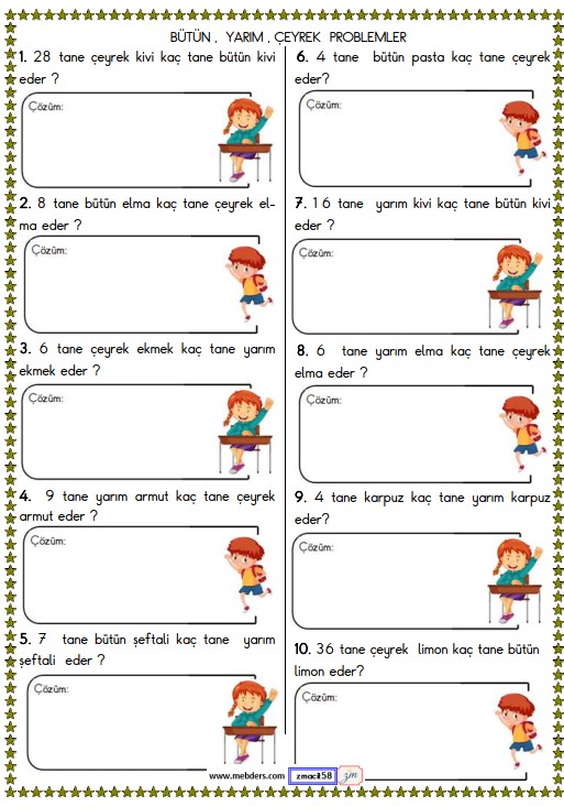 2. Sınıf Matematik Bütün , Yarım ve Çeyrek Problemler Etkinliği 3