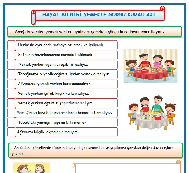 2.Sınıf Hayat Bilgisi Yemekte Görgü Kuralları Etkinlik Çalışması