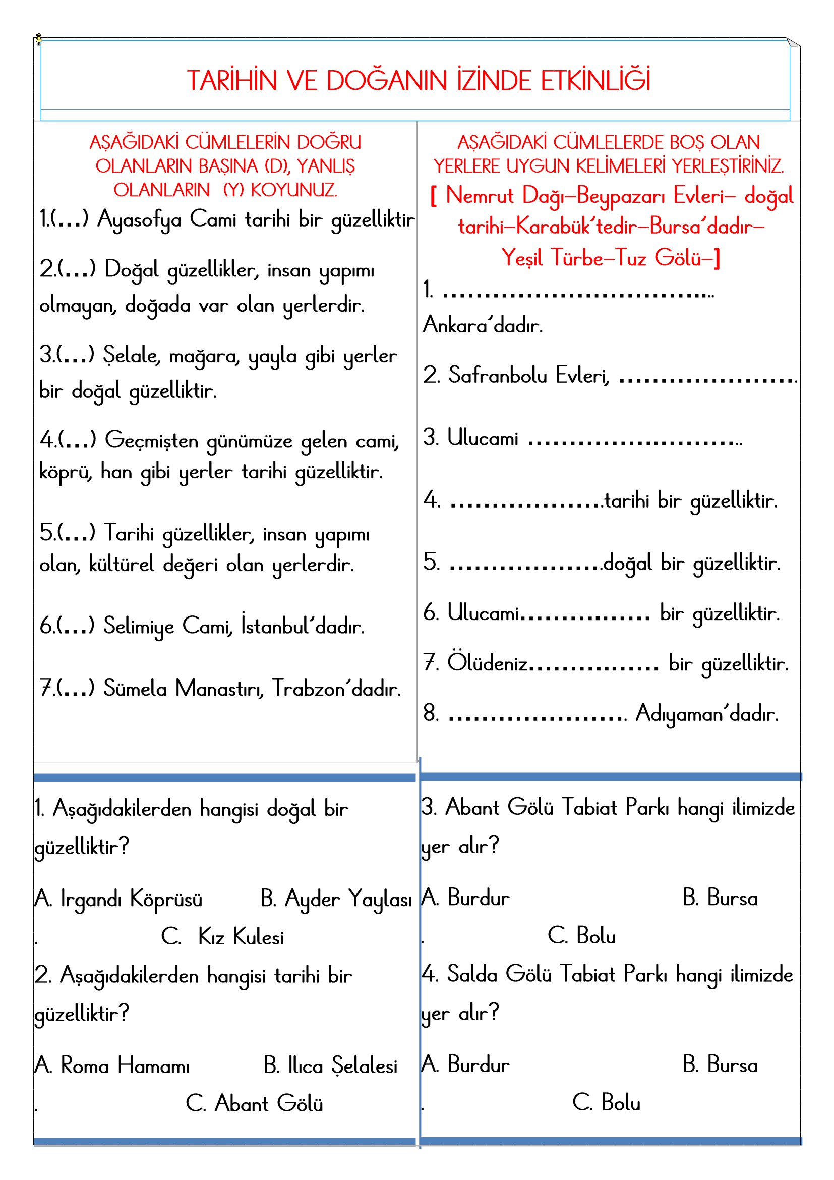 2.Sınıf - Hayat Bilgisi Tarihin ve Doğanın İzinde Etkinliği