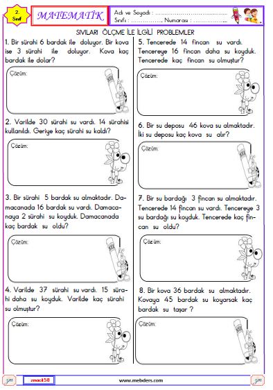 2. Sınıf Matematik Sıvıları Ölçme ile İlgili Problemler  Etkinliği 3