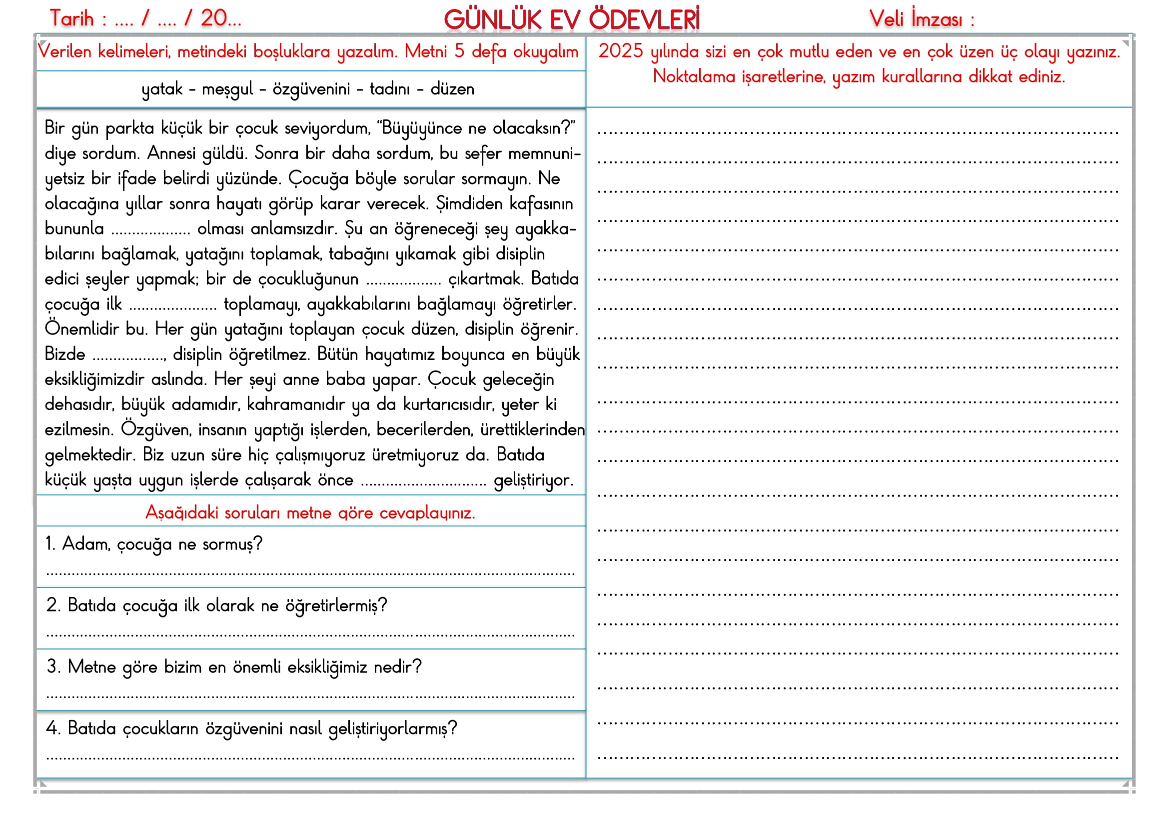2.Sınıf - 31 Aralık 2025 Günlük Ev Ödevleri