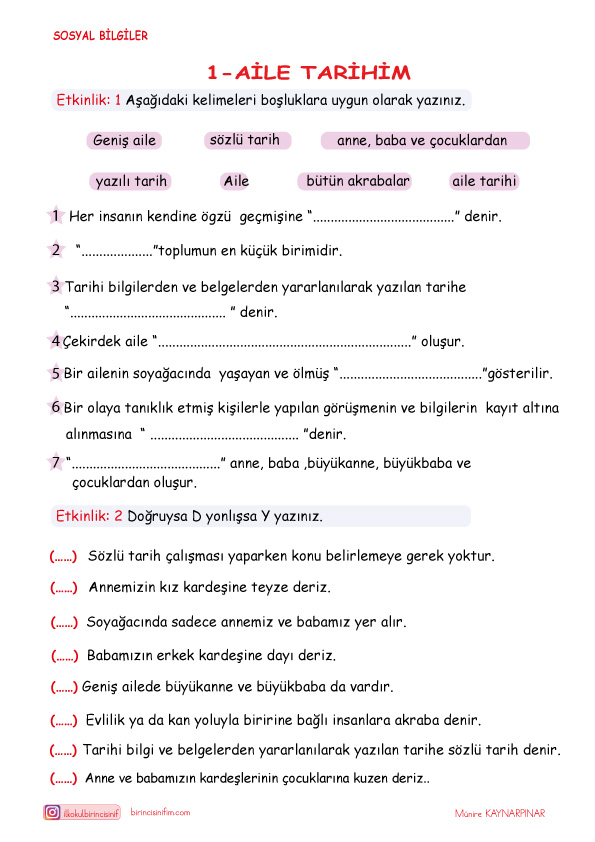 4. Sınıf Sosyal Bilgiler Aile Tarihi