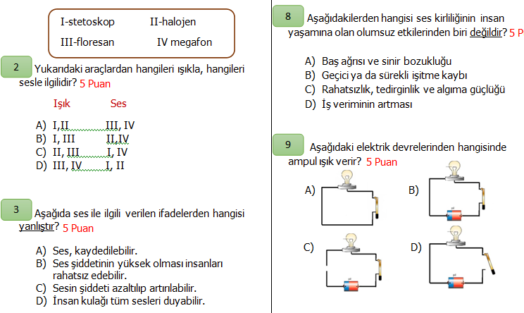 4.Sınıf Fen Bilimleri 2.Dönem 2.Yazılı Seviye 1