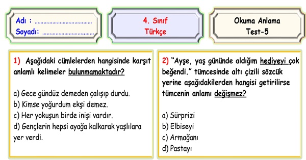 4.Sınıf Türkçe Okuma Anlama Sene Sonu Değerlendirme Testi 5