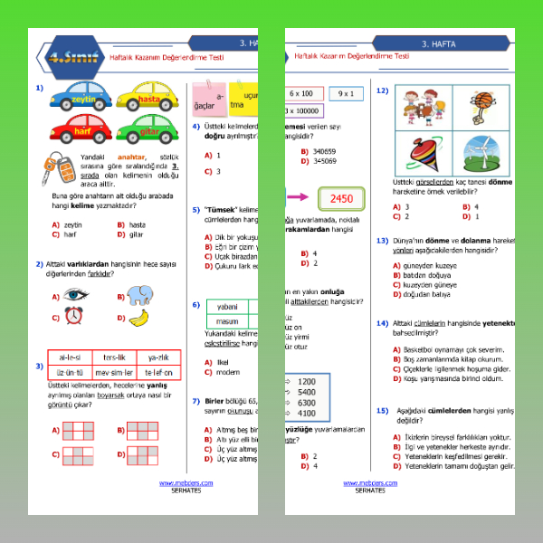 4. Sınıf Haftalık Değerlendirme Testi - 3. Hafta