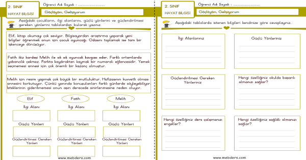 2. Sınıf Hayat Bilgisi Güçlüyüm, Gelişiyorum Etkinliği