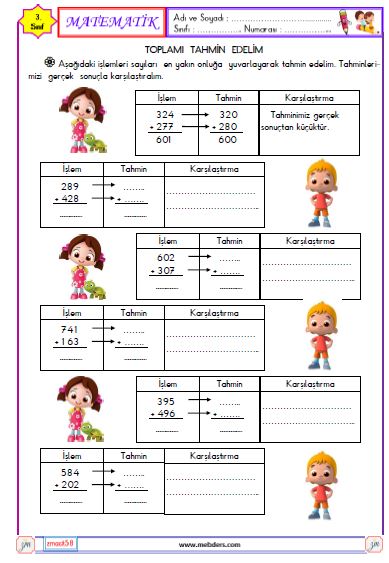 3. Sınıf Matematik Toplamı Tahmin Edelim Etkinliği 2