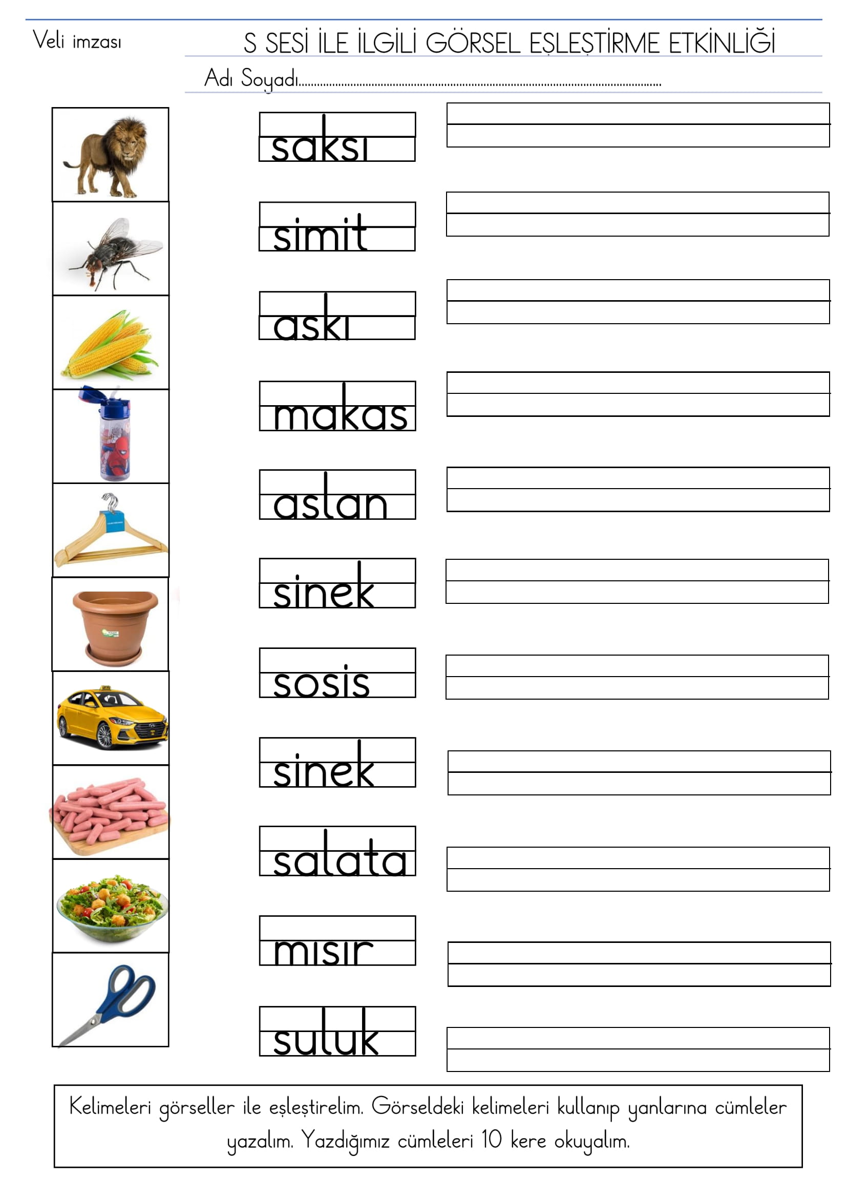 1.Sınıf İlk Okuma Yazma S sesi Görsel Eşleştirme Etkinliği