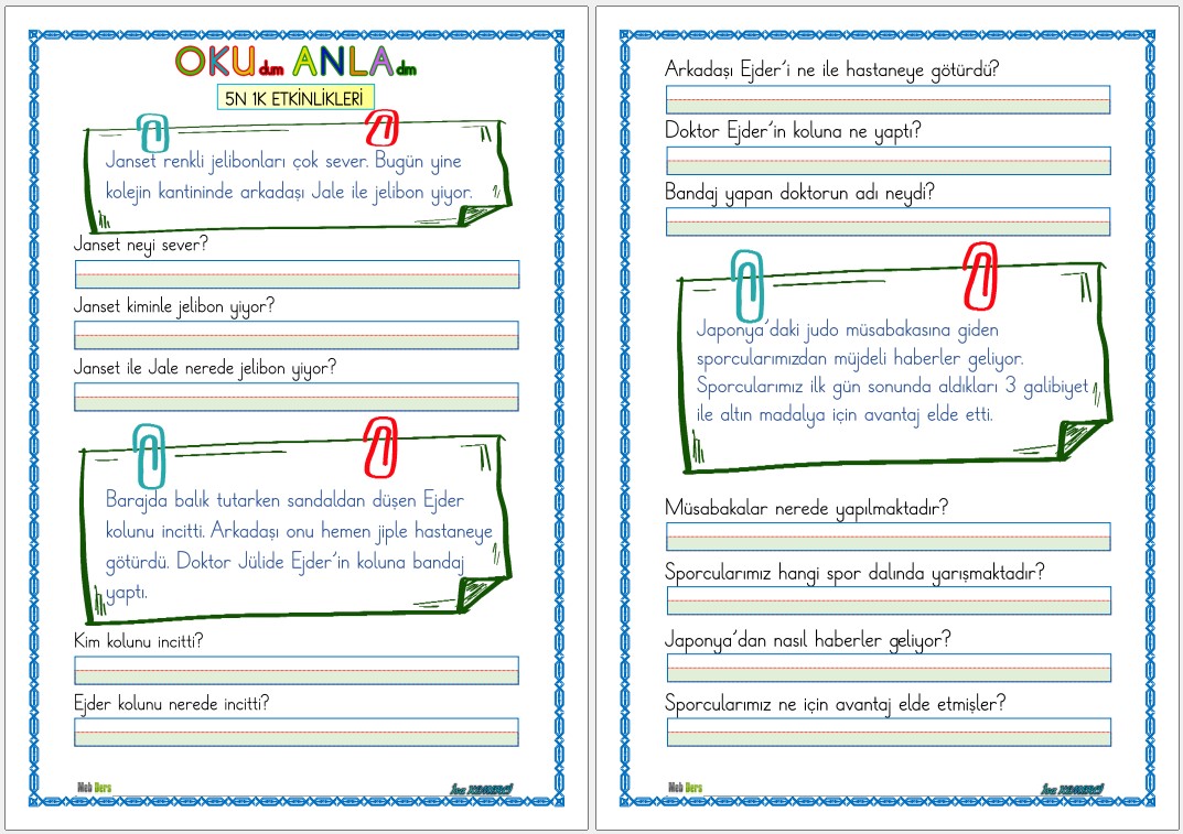 1. Sınıf İlk Okuma Yazma J Sesi OKUMA ANLAMA (5N 1K)