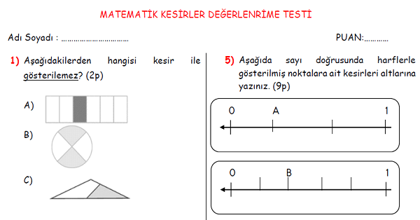 3.Sınıf Matematik Kesirler Değerlendirme Testi