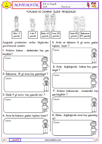 2. Sınıf Matematik Toplama ve Çıkarma İşlemi Problemleri Etkinliği 7