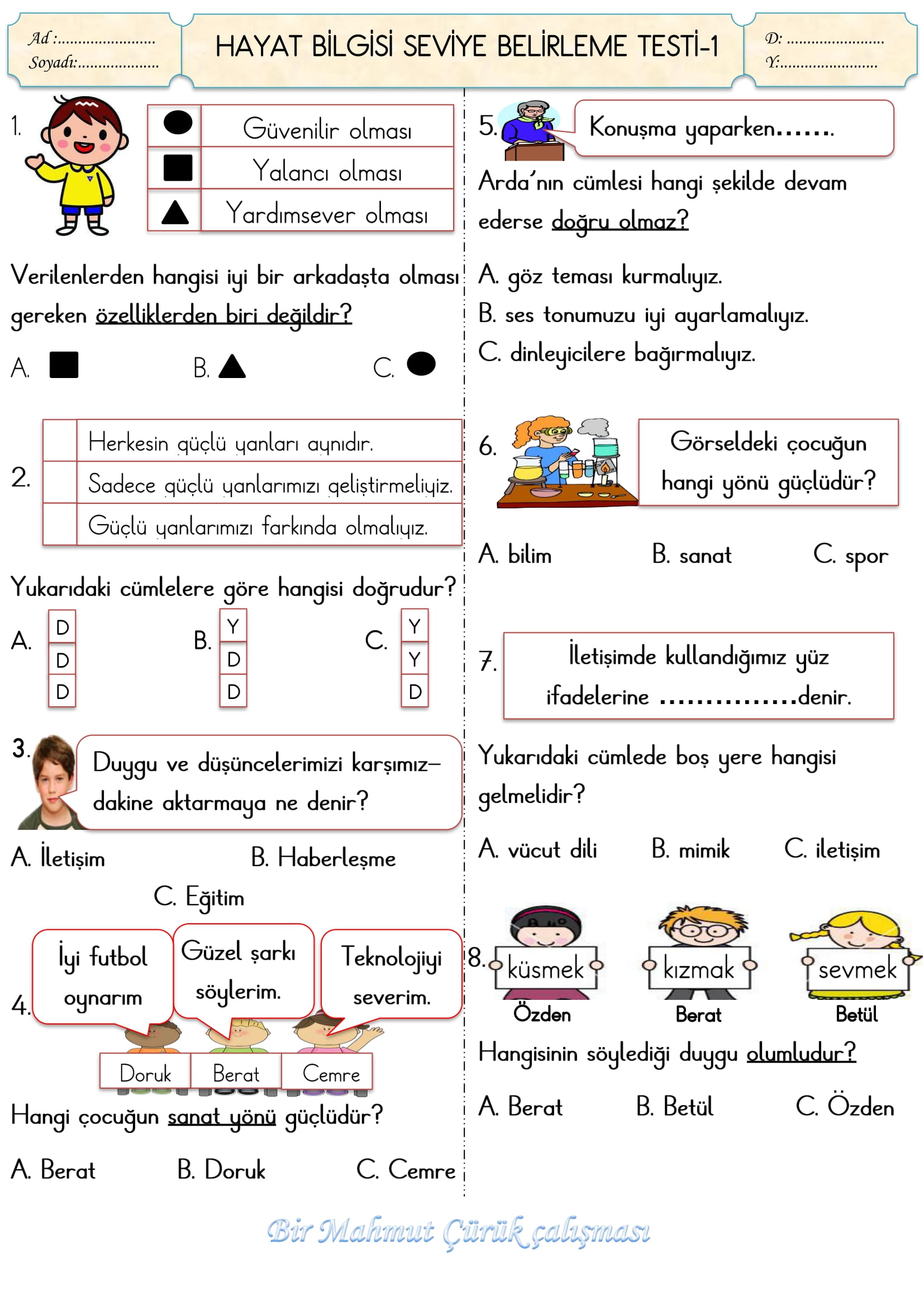 2.Sınıf Hayat Bilgisi Seviye Belirleme Testi-1
