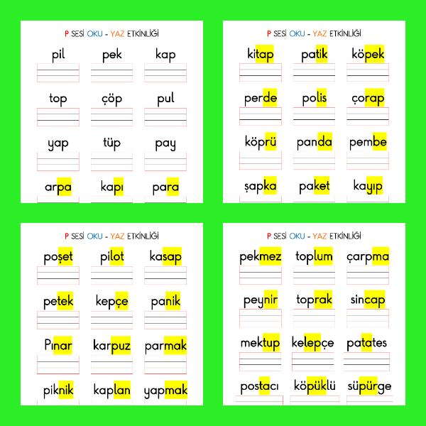 1. Sınıf İlkokuma Yazma - P Sesi Kelime Oku Yaz Etkinliği
