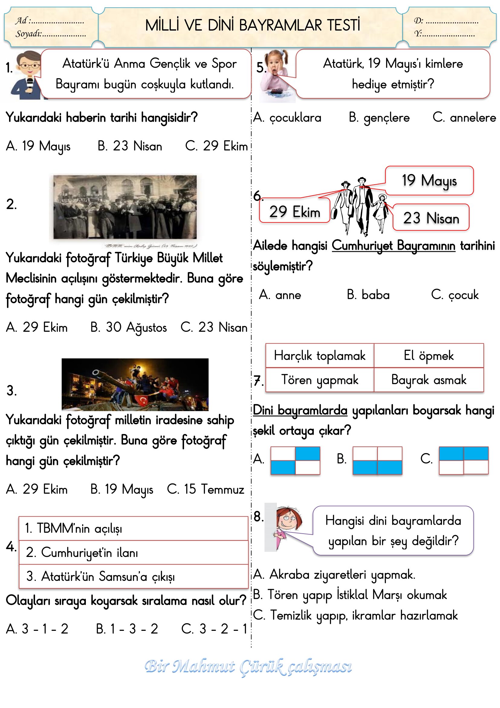 2.Sınıf Hayat Bilgisi Milli Ve Dini Bayramlar Testi