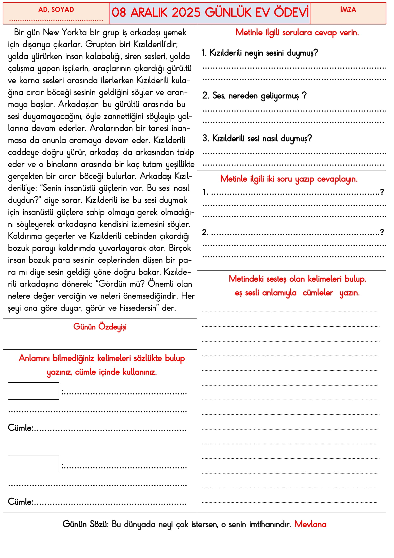 3.Sınıf - 08 Aralık 2025 Günlük Ev Ödevleri