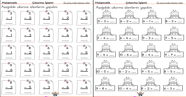 1. Sınıf Matematik Çıkarma İşlemi Alıştırmaları (4 Sayfa)