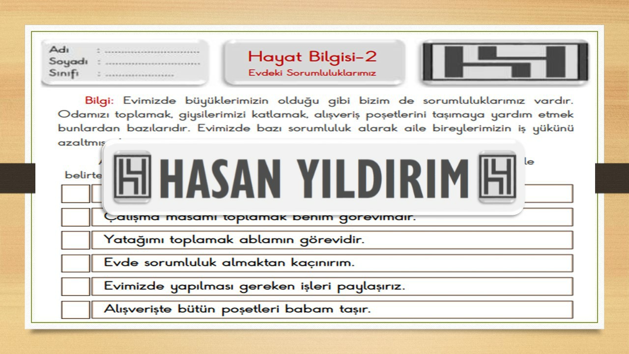 2.Sınıf Hayat Bilgisi Evdeki Sorumluluklarımız Çalışma Sayfası