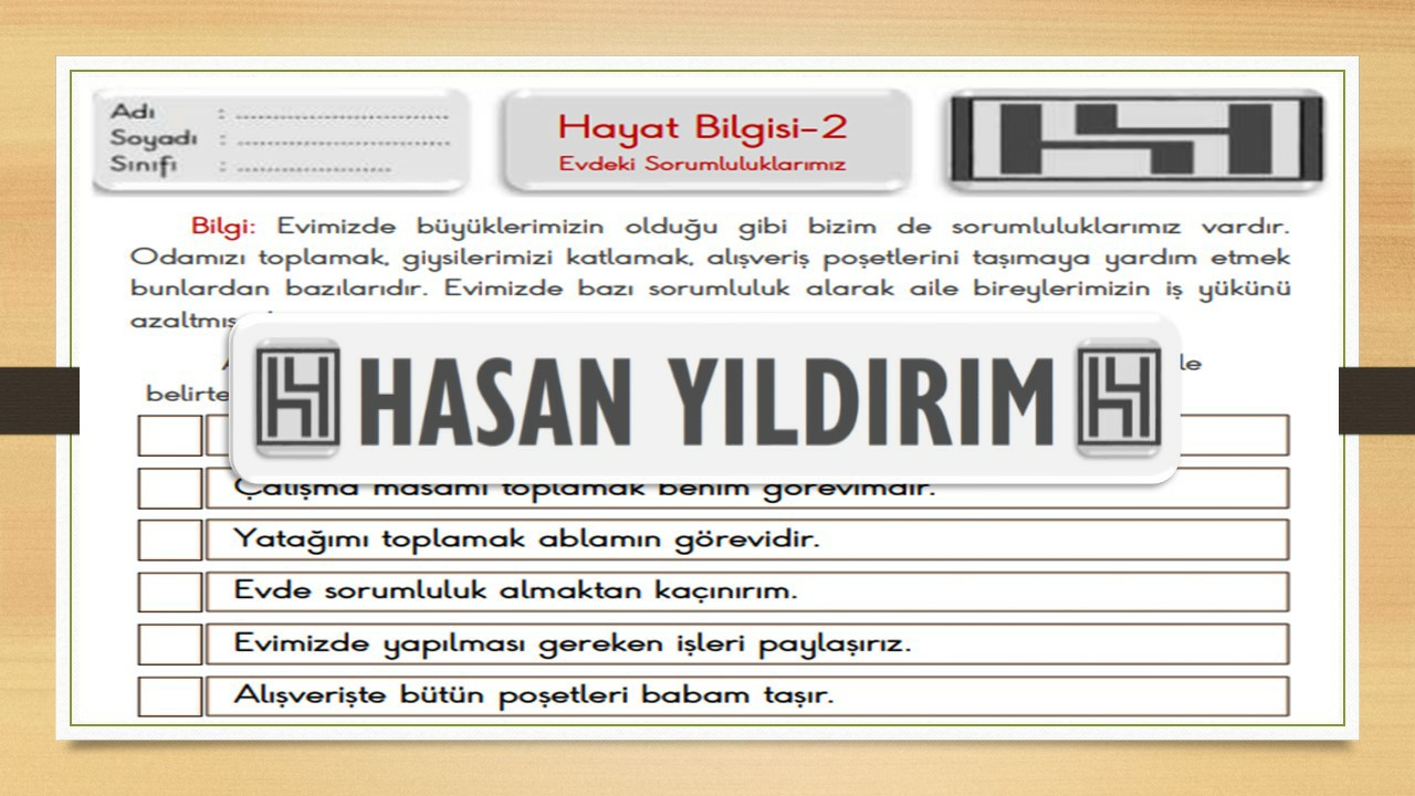 2.Sınıf Hayat Bilgisi Evdeki Sorumluluklarımız Çalışma Sayfası