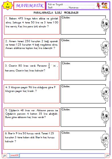 3. Sınıf Matematik Paralarımız ile İlgili Problemler Etkinliği 4
