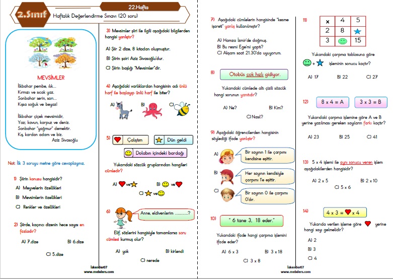 2.Sınıf Haftalık Değerlendirme Testi - 22.Hafta (21-25 Şubat)