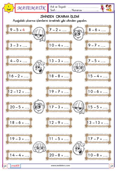 1. Sınıf Matematik Zihinden Çıkarma İşlemi Etkinliği