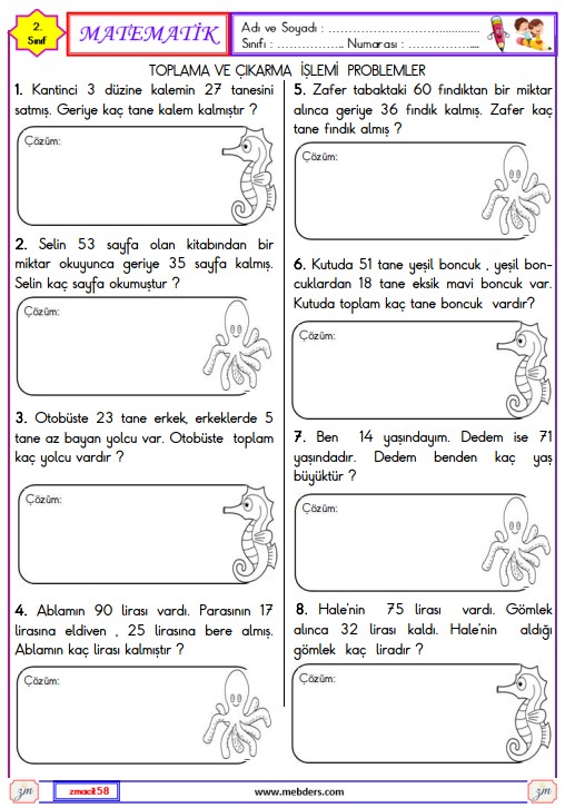 2. Sınıf Matematik Toplama ve Çıkarma İşlemi Problemler Etkinliği 3