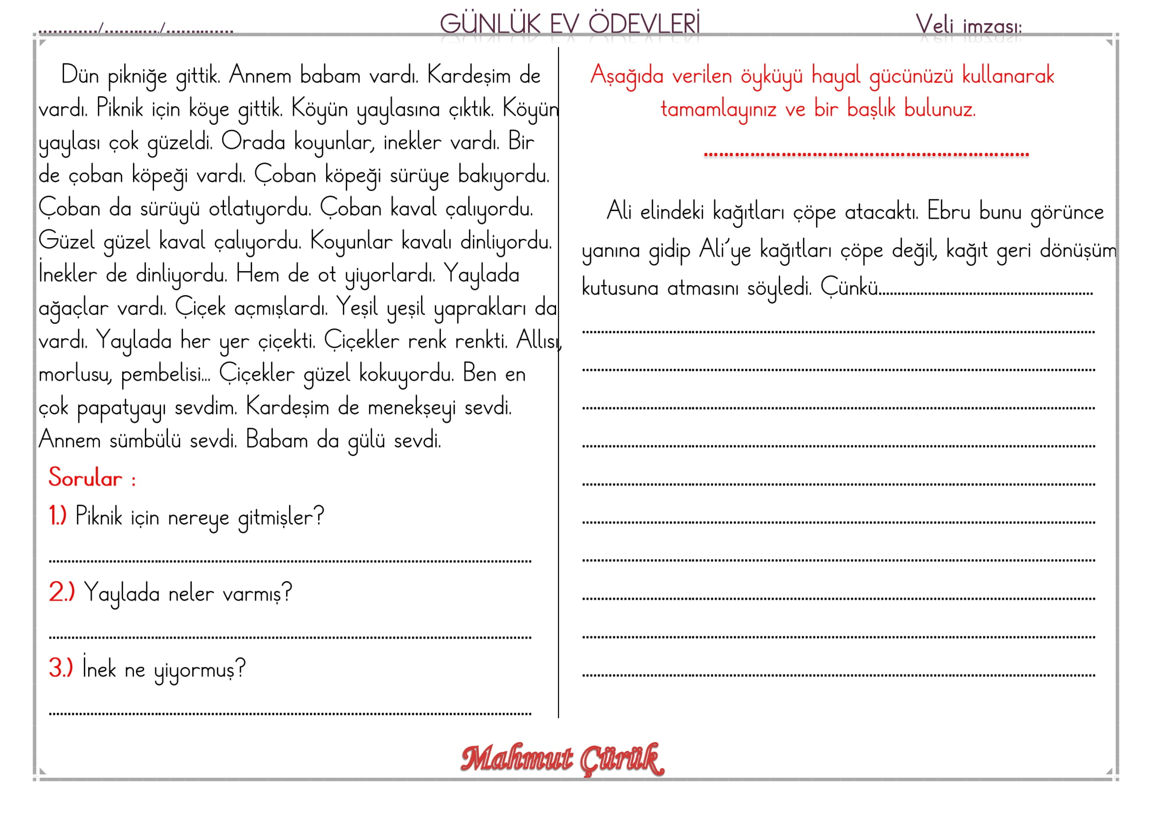1.Sınıf 09 Mayıs 2025 Günlük Ev Ödevi