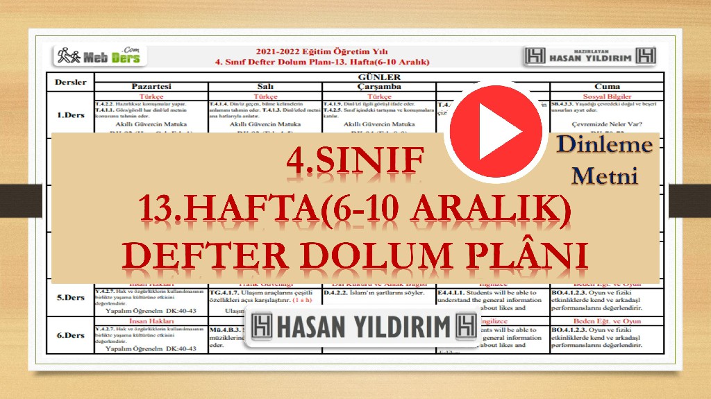 4.Sınıf 13.Hafta(6-10 Aralık) Defter Dolum Planı