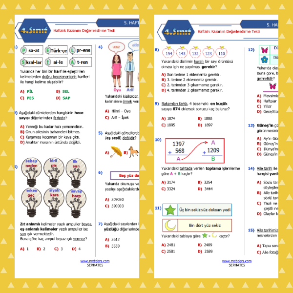 4. Sınıf Haftalık Değerlendirme Testi - 5. Hafta