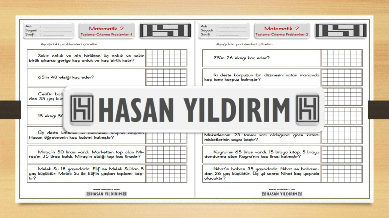 2.Sınıf Matematik Toplama ve Çıkarma İşlemi Gerektiren Problemler Çalışma Sayfaları