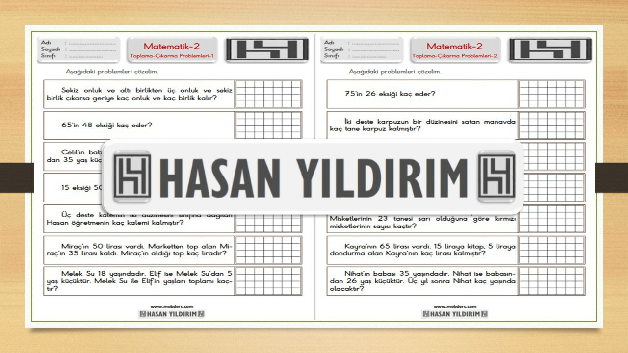 2.Sınıf Matematik Toplama ve Çıkarma İşlemi Gerektiren Problemler Çalışma Sayfaları