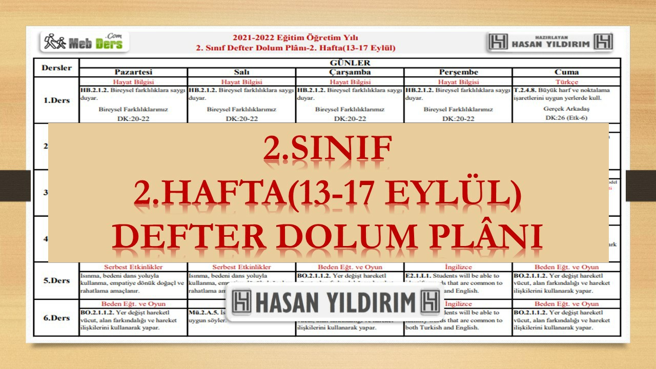 2.Sınıf 2.Hafta(13-17 Eylül) Defter Dolum Planı