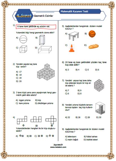 4. Sınıf Matematik Geometrik Cisimler Testi