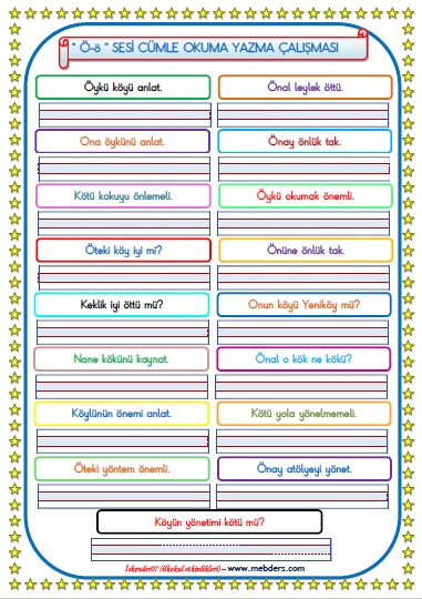 1.Sınıf Ö-ö Sesi Cümle Okuma Yazma Çalışması (17 Farklı Cümle)
