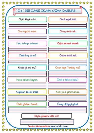 1.Sınıf Ö-ö Sesi Cümle Okuma Yazma Çalışması (17 Farklı Cümle)