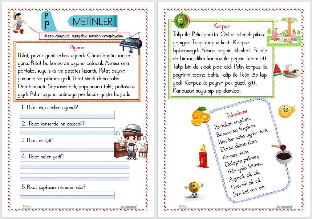 1. Sınıf İlk Okuma Yazma P Sesi METİNLER
