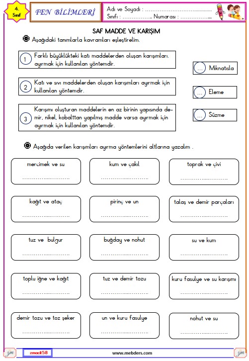 4. Sınıf Fen Bilimleri Saf Madde ve Karışım Etkinliği 2