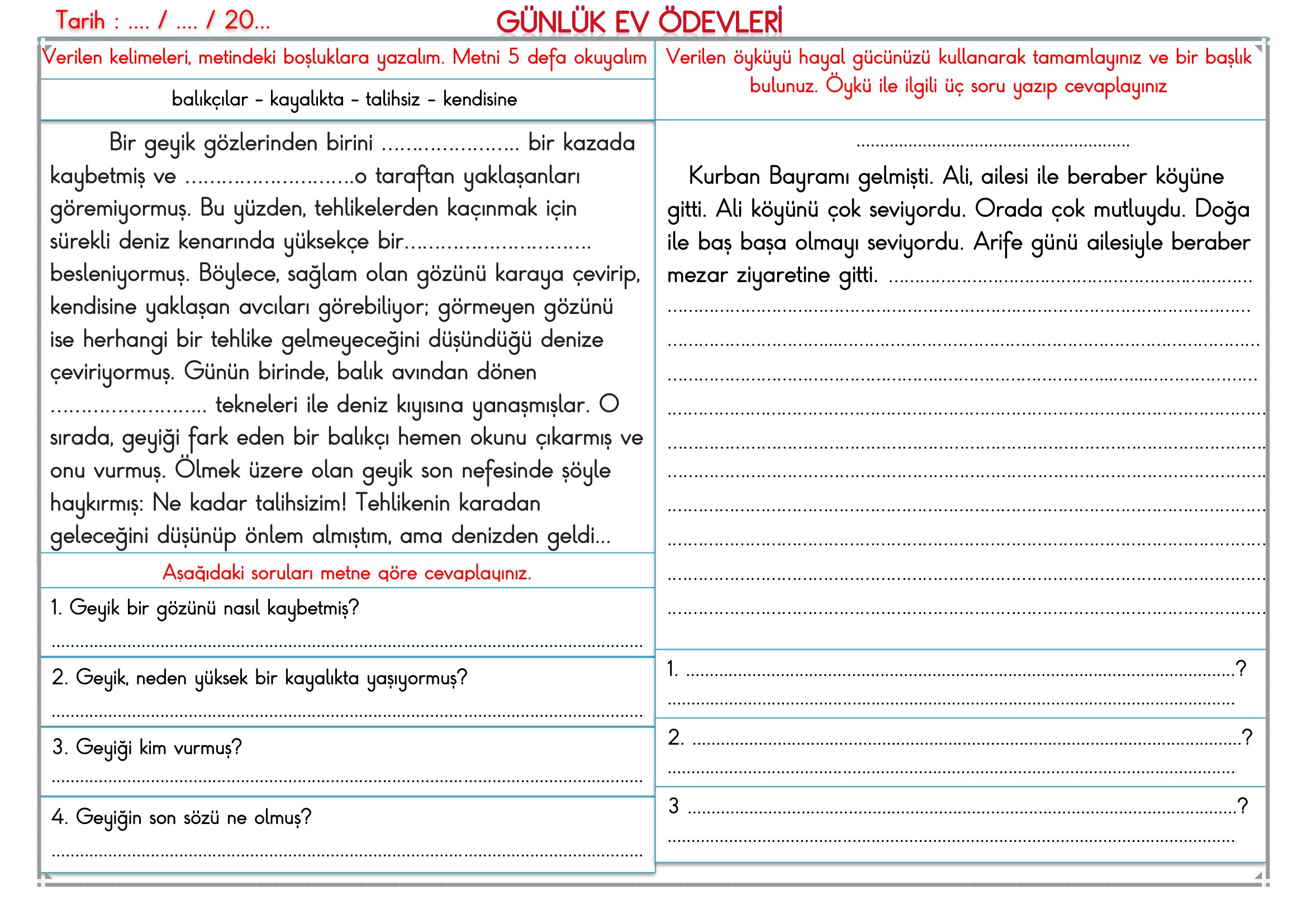 2.Sınıf - 15 Haziran 2026 Günlük Ev Ödevleri