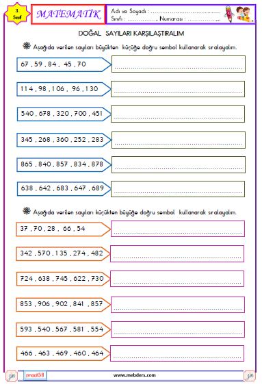 3. Sınıf Matematik Doğal Sayıları Karşılaştırma ve Sıralama Etkinliği 4