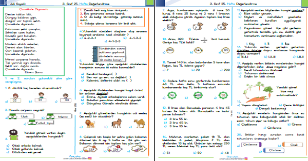 3. Sınıf Haftalık Kazanım Değerlendirme Testi 25. Hafta (23-27 Mart)
