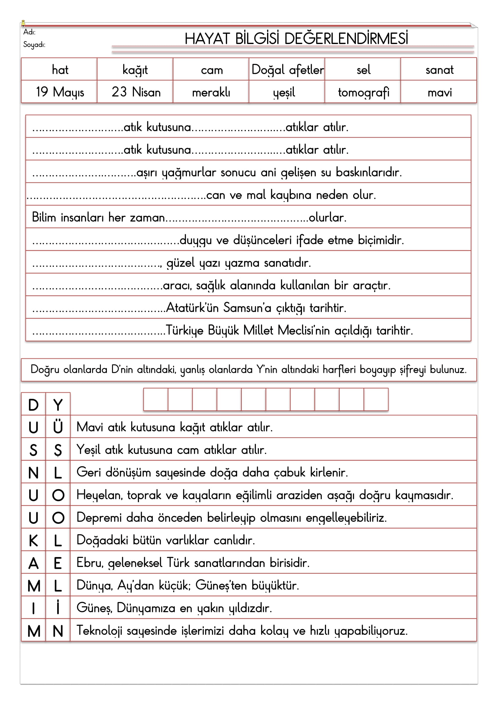 1.Sınıf - Hayat Bilgisi Genel Değerlendirmesi