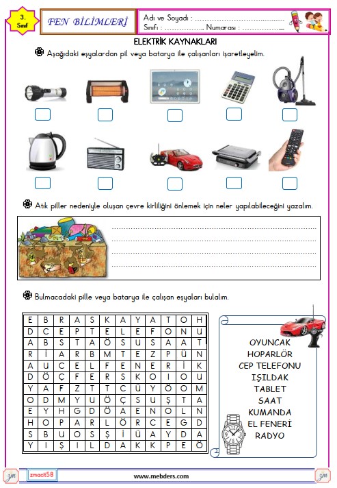 3. Sınıf Fen Bilimleri Elektrik Kaynaklarını Tanıyalım Etkinliği 7