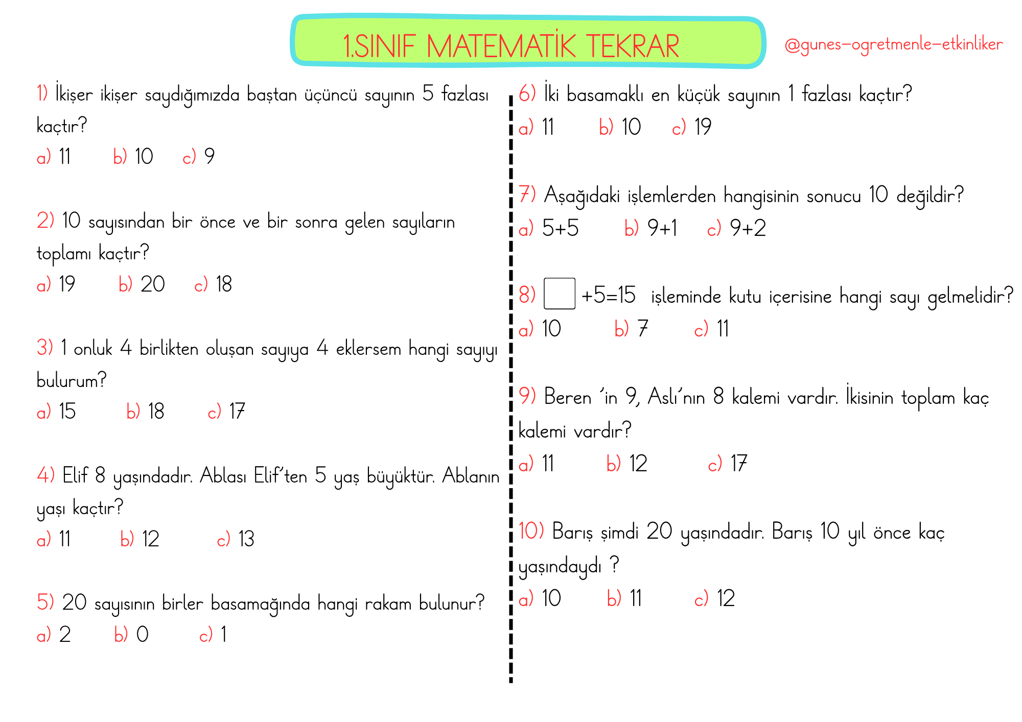 1. Sınıf Matematik Sene Sonu Tekrar Çalışması