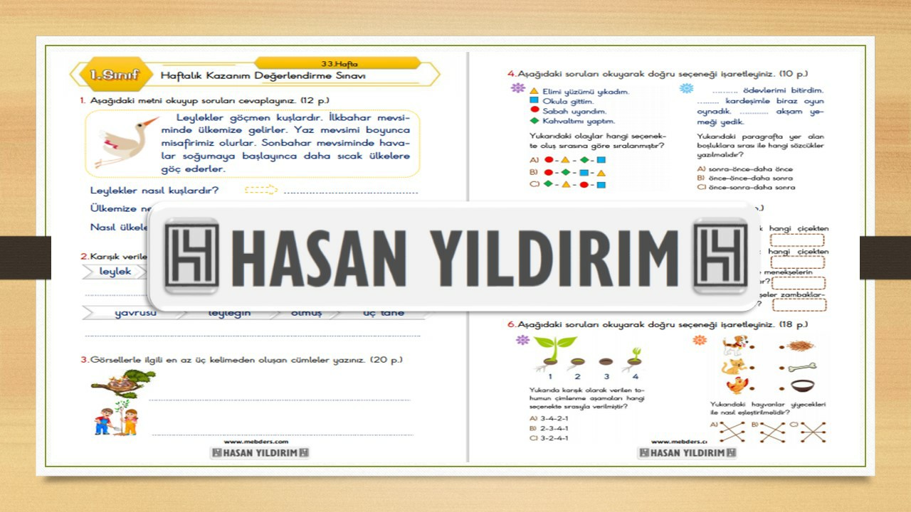 1.Sınıf Haftalık Değerlendirme Sınavı-33.Hafta(31 Mayıs-4 Haziran)