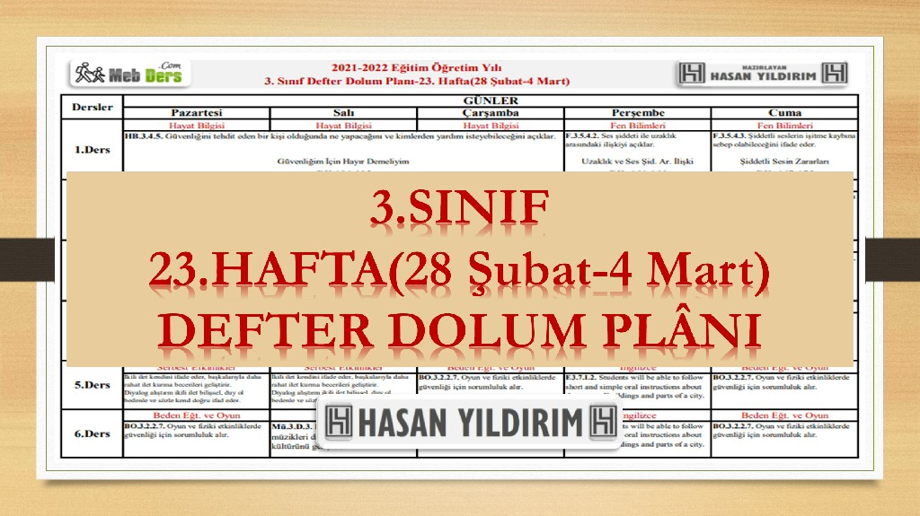 3.Sınıf 23.Hafta(28 Şubat-4 Mart) Defter Dolum Planı