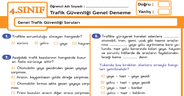 4.Sınıf Trafik Güvenliği Genel Deneme Testi