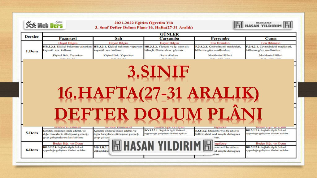 3.Sınıf 16.Hafta(27-31 Aralık) Defter Dolum Planı