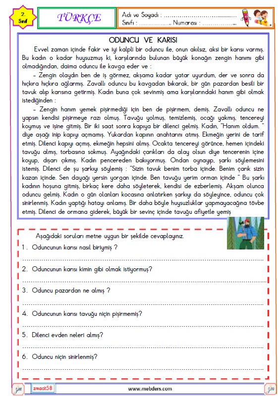 2. Sınıf Türkçe Okuma ve Anlama Etkinliği ( Oduncu ve Karısı )