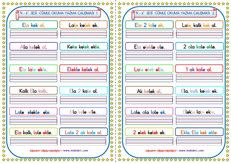 1.Sınıf K-k Sesi Cümle Okuma Yazma Çalışması  (2 SAYFA)